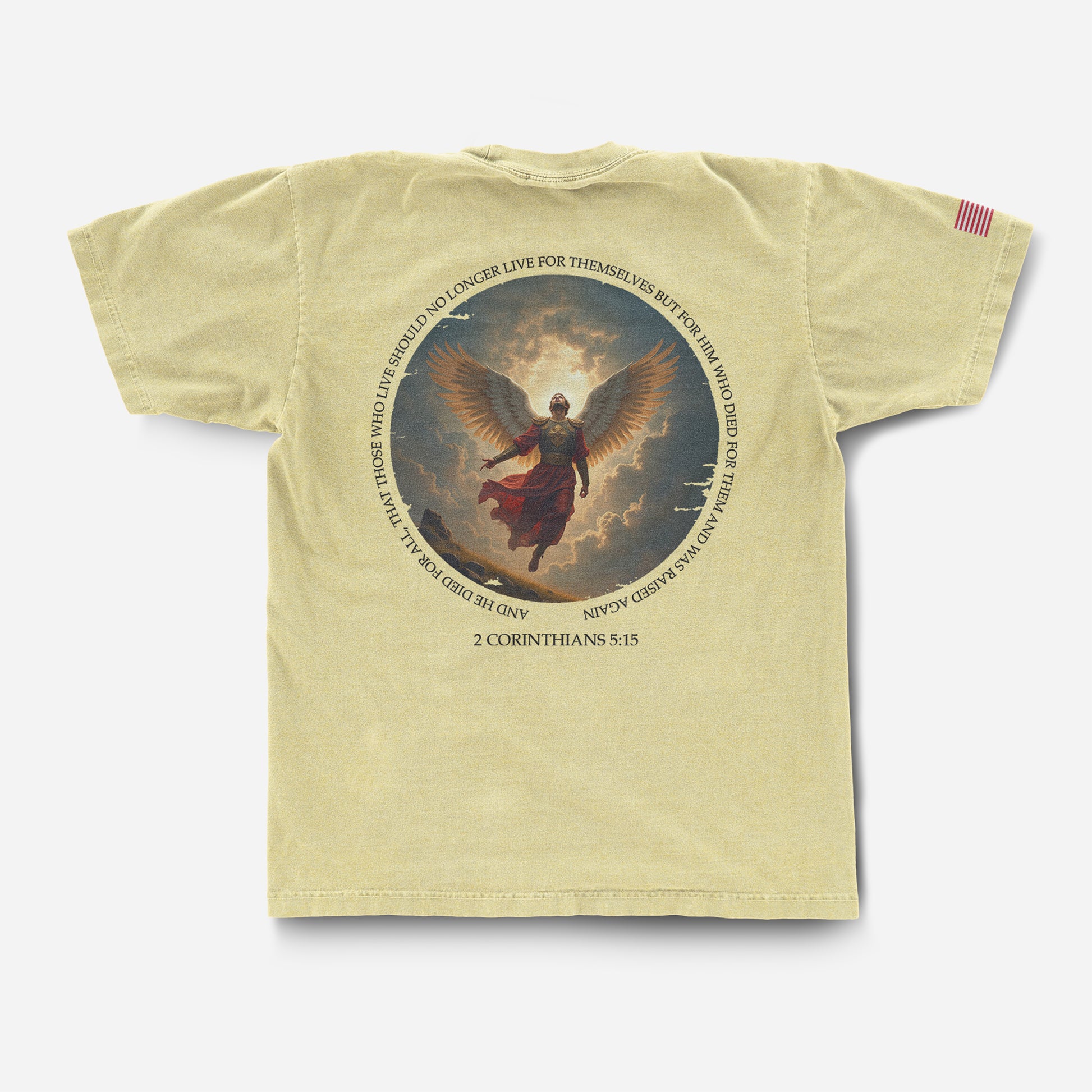 yellow t-shirt with an angel graphic and charlie kirk quote and his signature