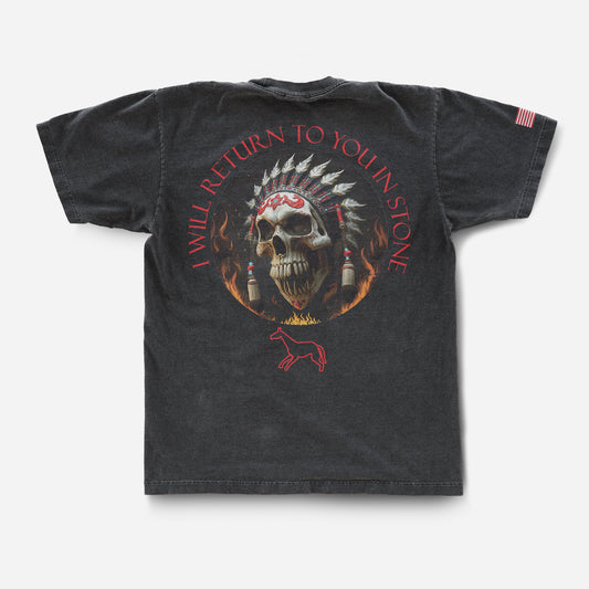 Black t-shirt with a graphic design featuring a skull and text on the back, on a white background.